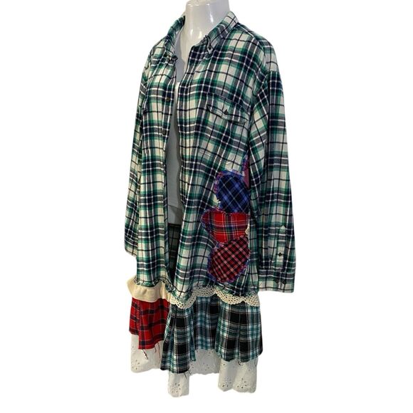 Flannel Shirt Womens 3X Duster Shacket Green Cottage Grunge Art Upcycle Peasant - Picture 6 of 16
